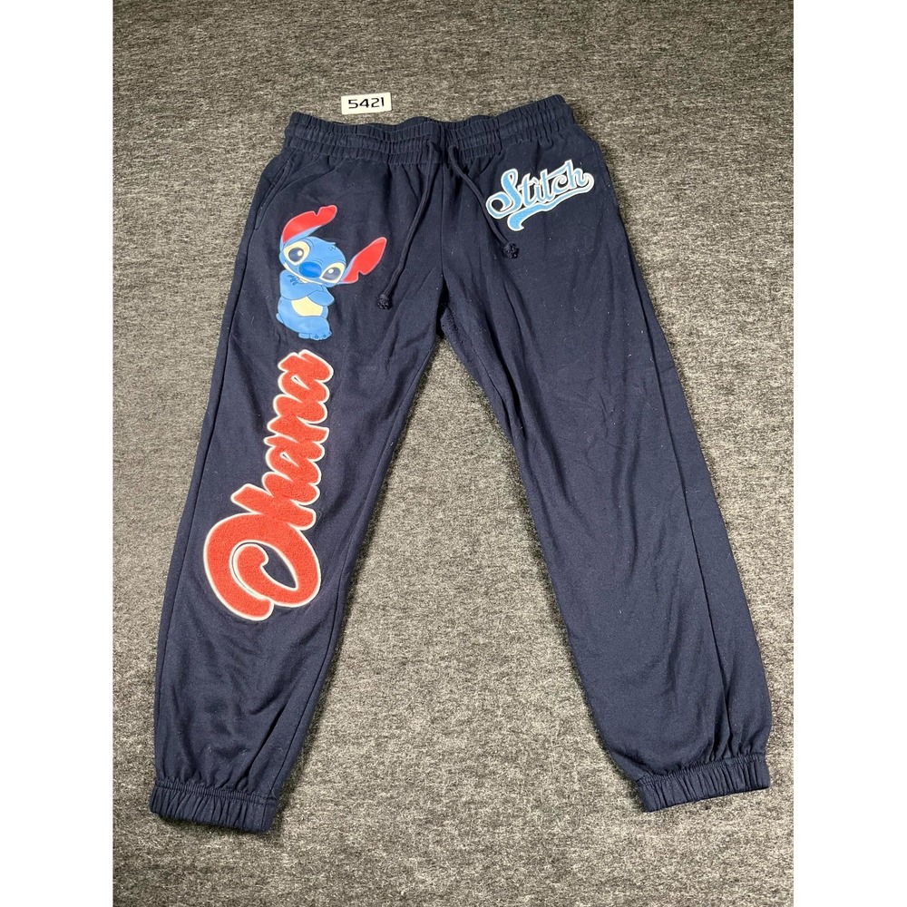 Disney Stitch Jogger Pants Women Large Navy Blue Cotton Fleece Lined Tapered Leg
